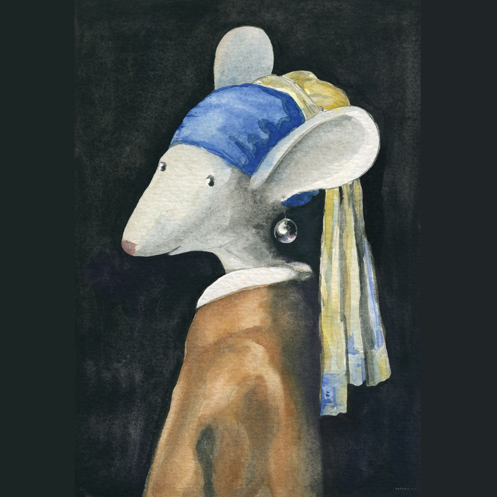 Little Mouse with the Pearl poster by Hartendief – watercolor mouse inspired by Girl with a Pearl Earring