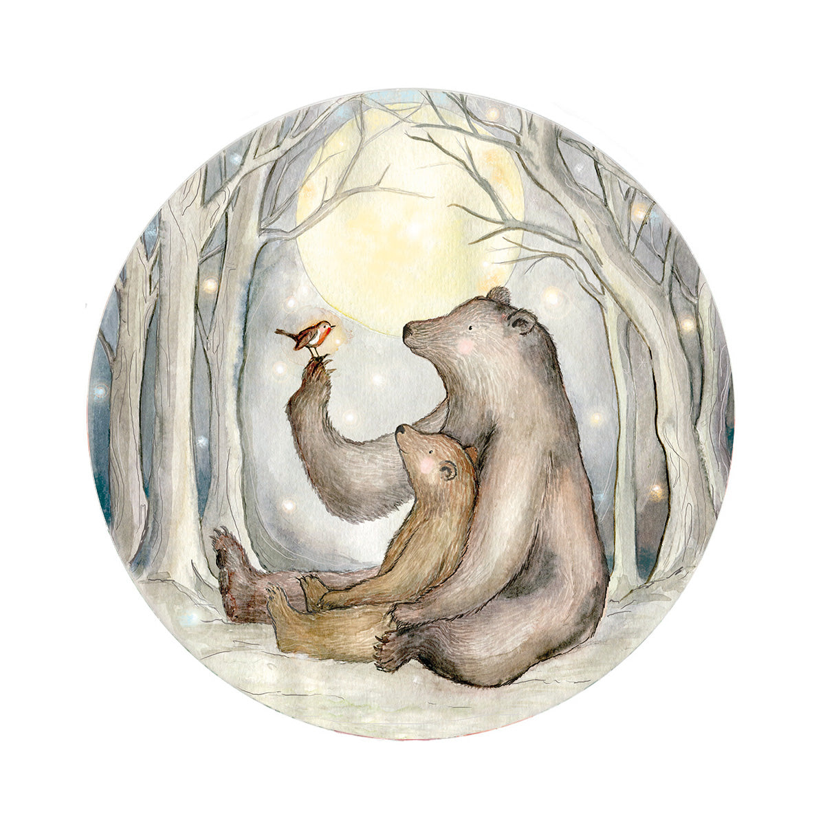 Beren en Roodborstje S behangcirkel van Hartendief – aquarel met Klein Beertje, Grote Beer en Roodborstje, vliesbehang Ø 142,5 cm