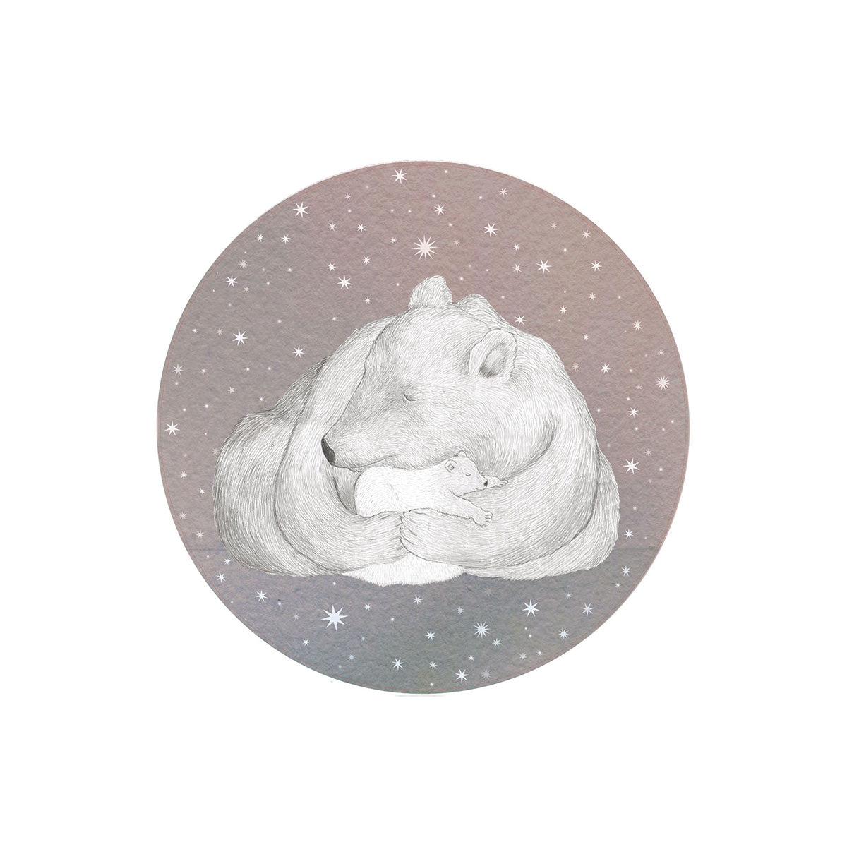 Cuddly Bears light grey wall circle by Hartendief – pencil drawing of a polar bear cuddling her cub under a starry sky