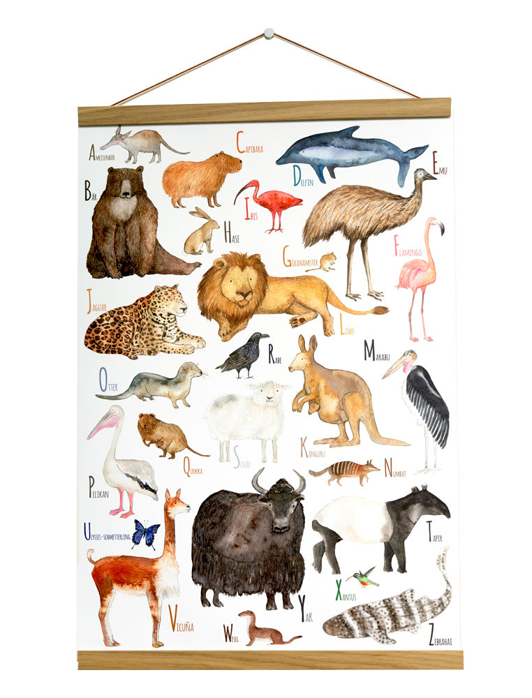 Dieren ABC (DE) poster van Hartendief – 26 aquarel dieren met Duitse namen van A tot Z