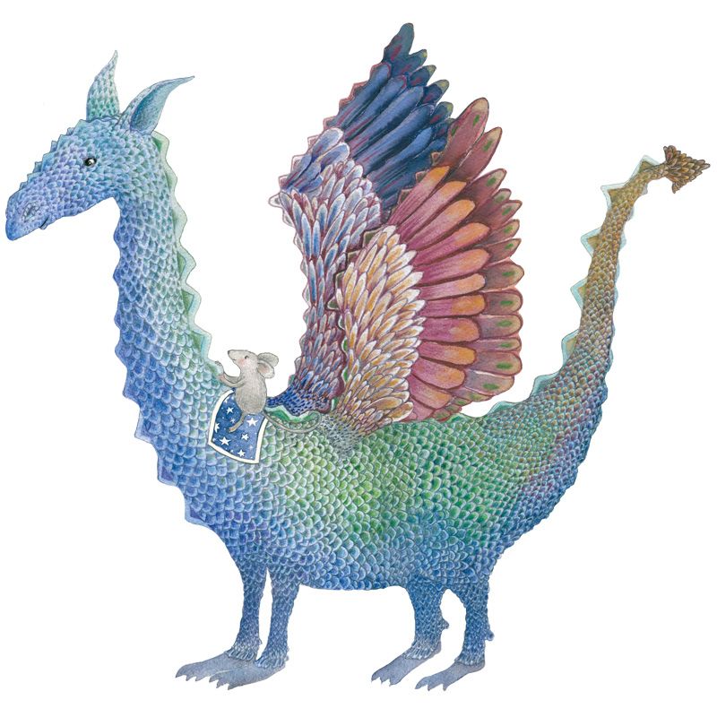 Hartendief Draak en Muis muursticker – aquarel wandsticker met muisje op draaks rug op weg naar het grote kasteel, zelfklevend mat vinyl, 48×48 cm