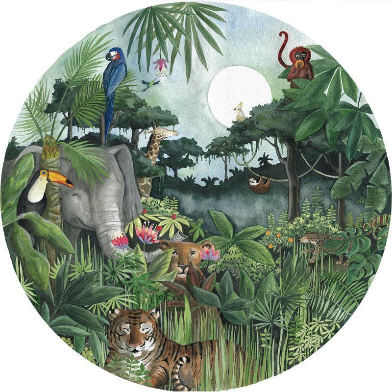 Jungle behangcirkel van Hartendief – aquarel regenwoud met tijger, kolibrie en kameleon, kinderkamer behang Ø 190 cm