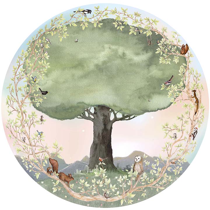 Lenteboom behangcirkel L van Hartendief – aquarel bosdieren rond een statige lenteboom, kinderkamer behang Ø 190 cm