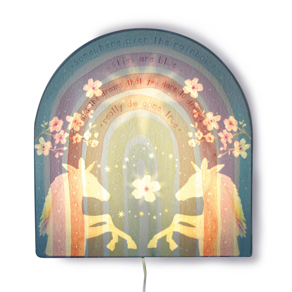 Regenboog wandlamp van Hartendief aan – eenhoorns verschijnen tussen de bloemen, magische nachtlamp kinderkamer