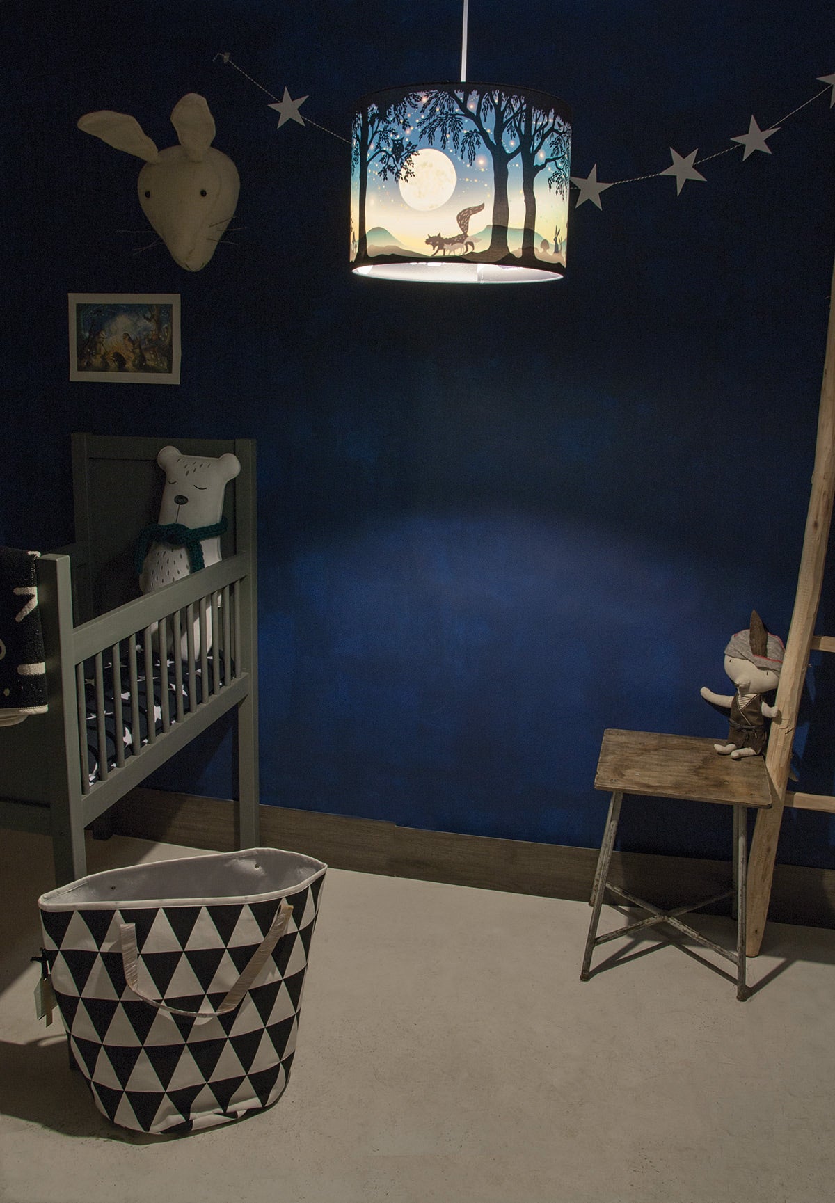 Full Moon pendant lamp by Hartendief in the dark – unique hand-painted nursery lamp design