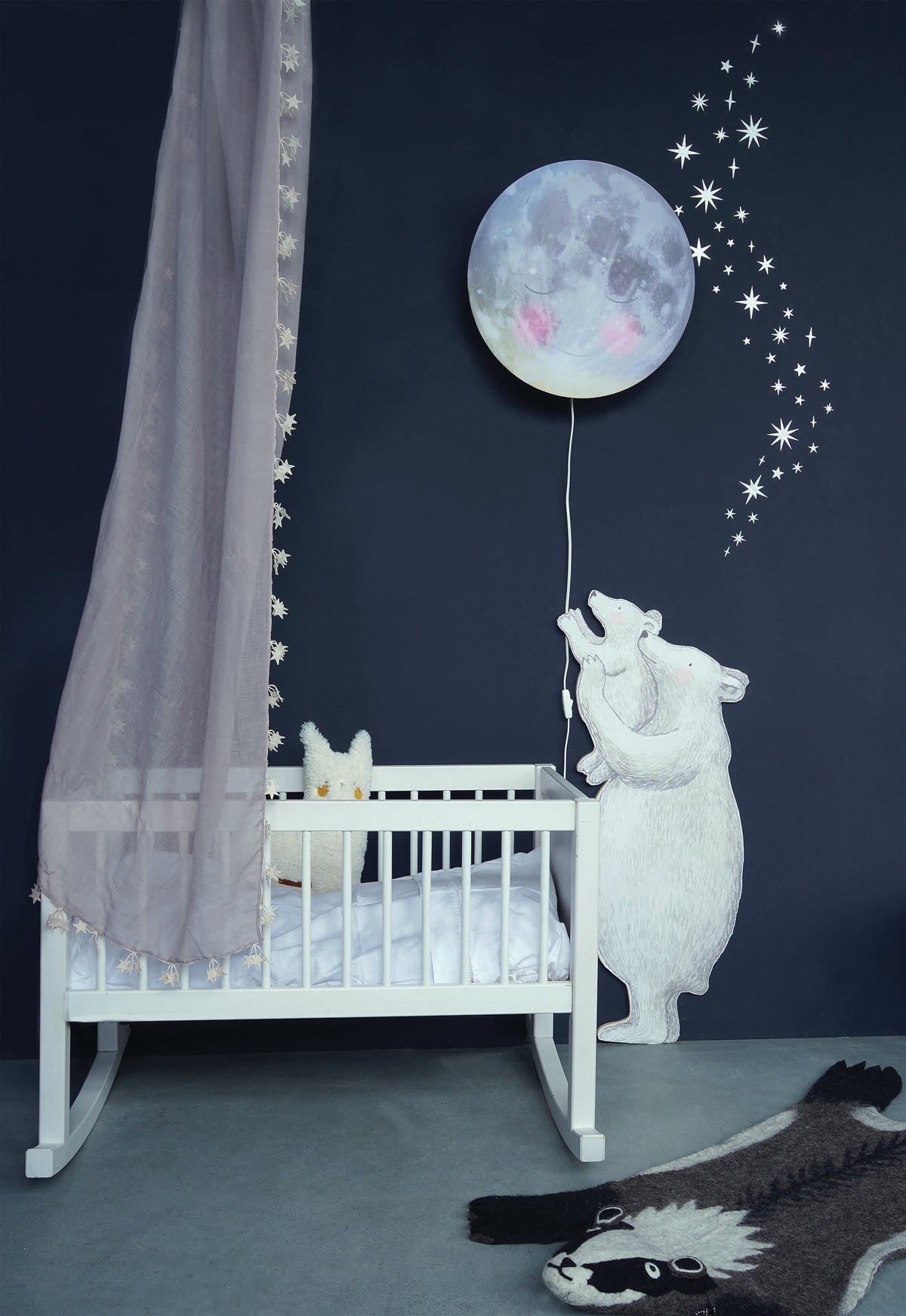 Polar Bears wall decal on a dark nursery wall with silver stars, moon stickers and the Sleepy Moon wall lamp