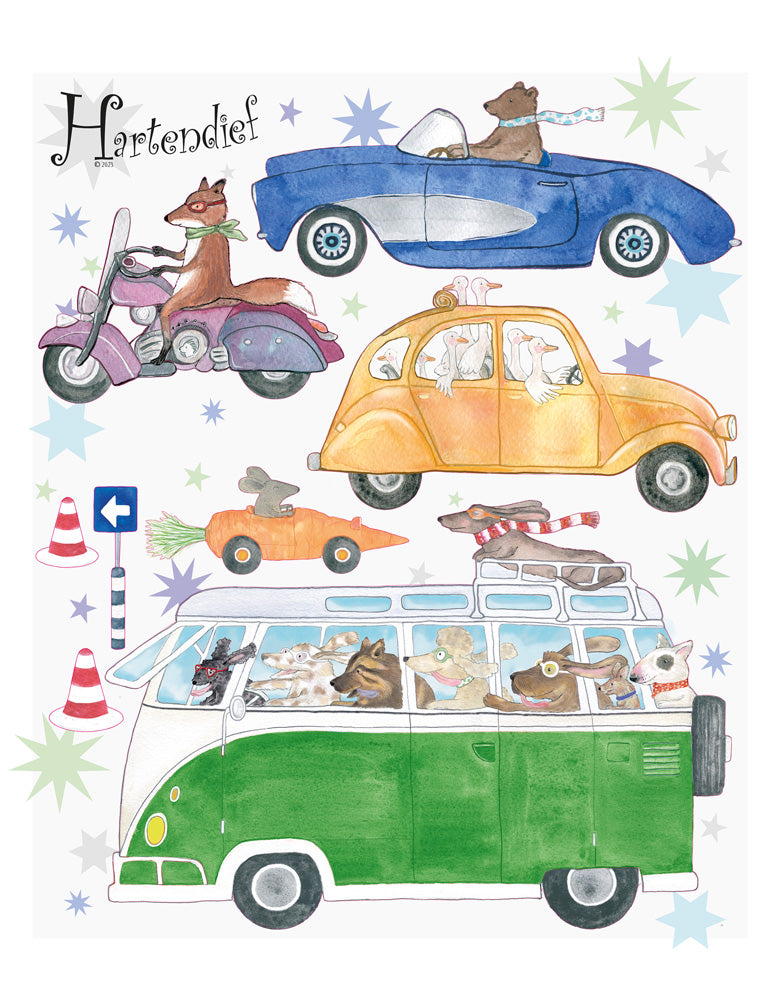 Just Cruising muursticker van Hartendief — productvel met groene camper, raceauto, motor en wortelauto, 48 x 58 cm