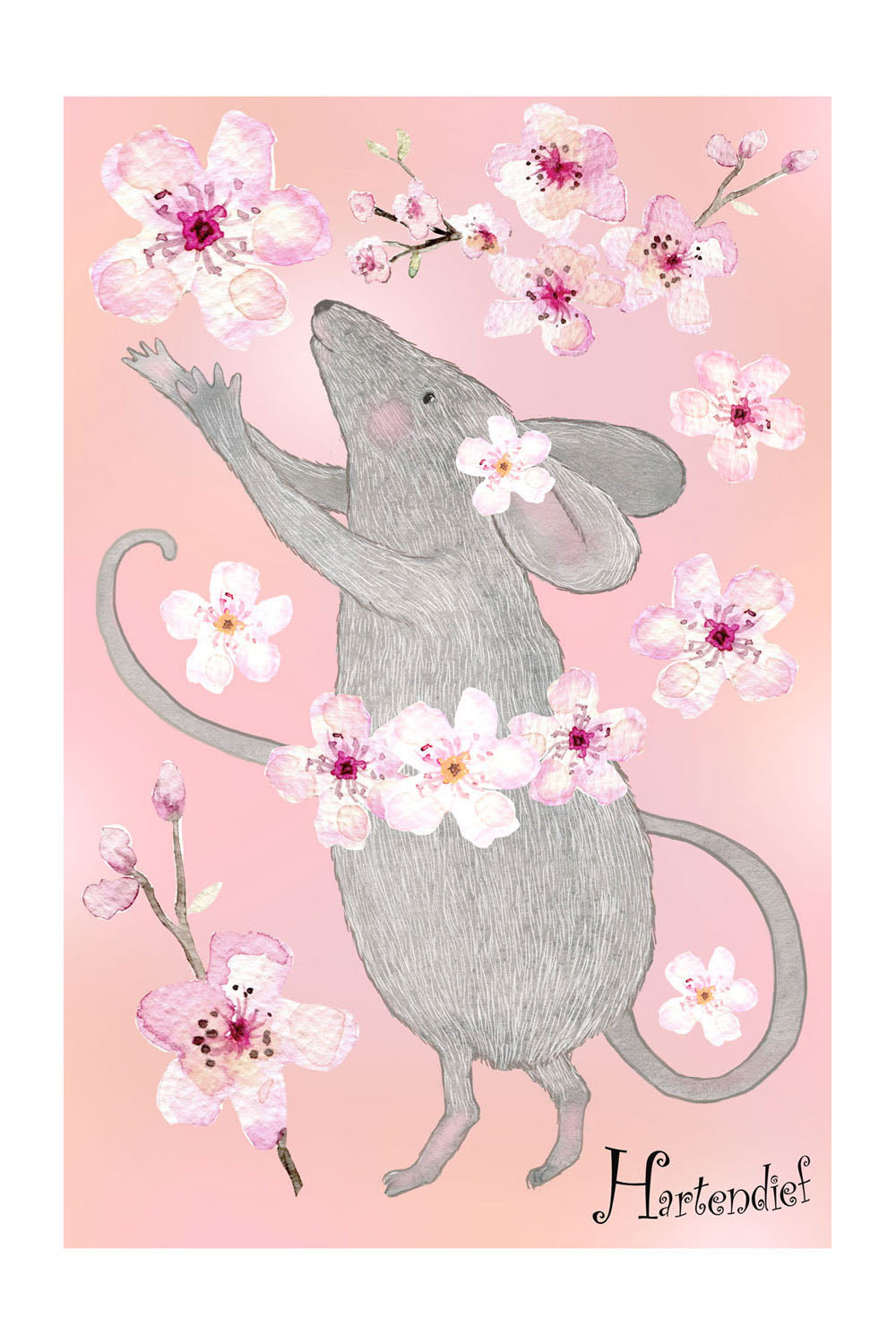 Kleine Muis muursticker van Hartendief — productvel met aquarel muis en 7 losse bloemenstickers op roze achtergrond
