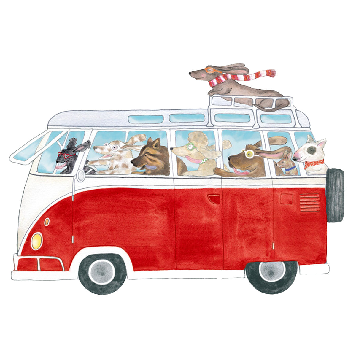 Red Camper wall decal by Hartendief – retro camper with dogs, 66 x 48 cm