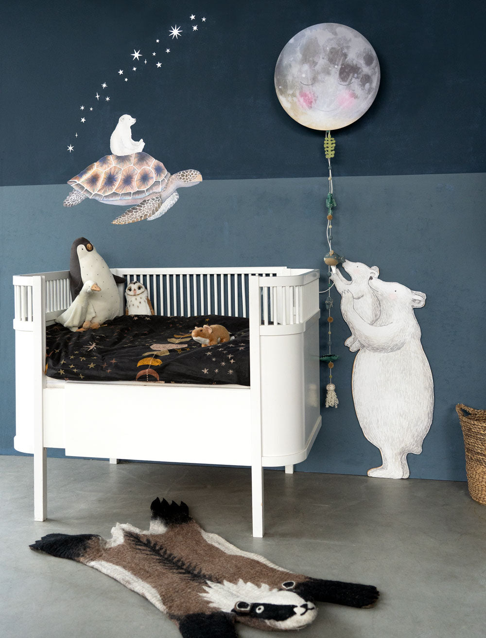 Turtle and Little Polar Bear wall decal in a nursery with the Polar Bears decal, the Sleepy Moon wall lamp and a white crib
