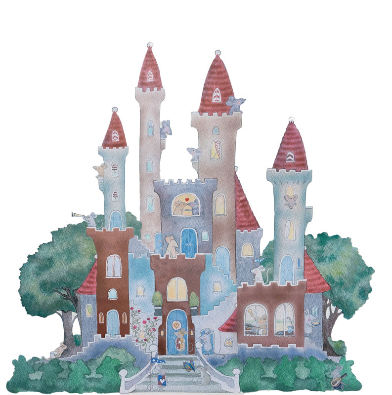 Großes Mäuseschloss Wandtattoo von Hartendief – Aquarellschloss mit Mäusen und roten Turmdächern