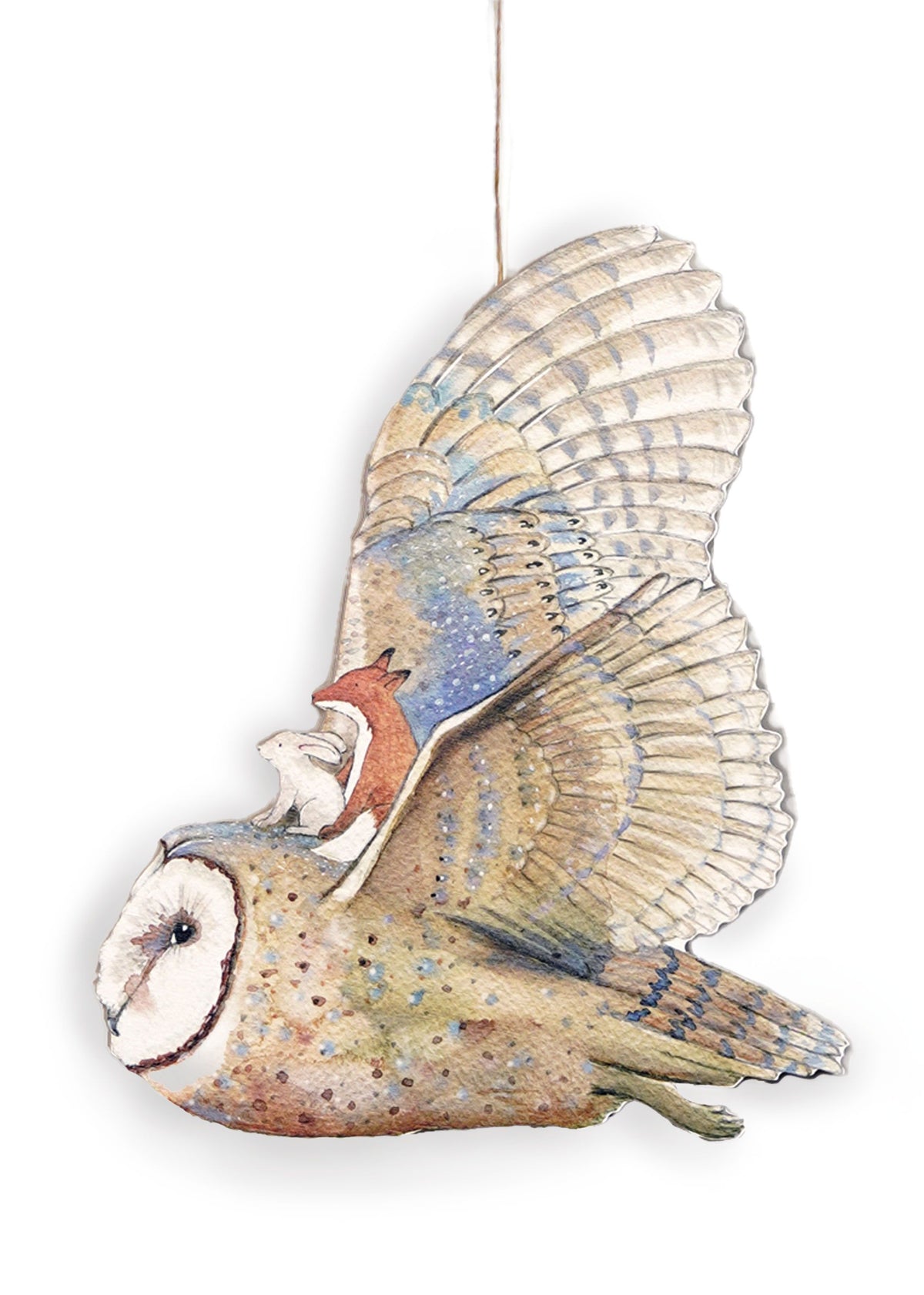 Owl hanger by Hartendief – birch plywood hanger with Fox and Rabbit riding on Owl's wings, 37 x 32 cm