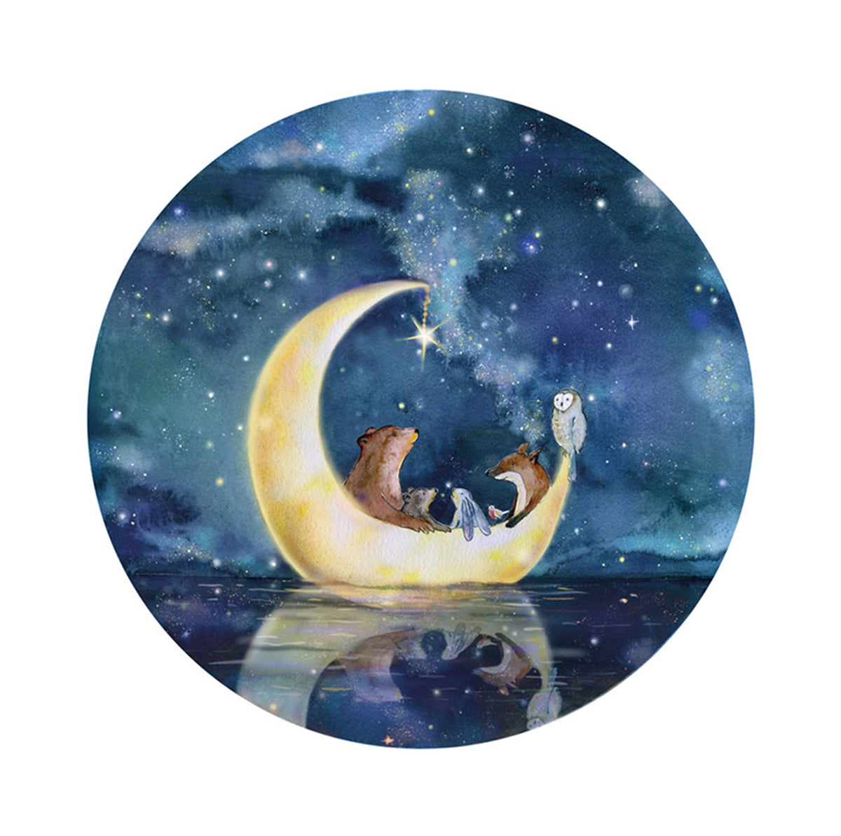 Varen in de Nacht S behangcirkel van Hartendief – aquarel met Beer, Uil, Vos, Kleine Beer en Haas op zee onder een sterrenhemel, Ø 142,5 cm