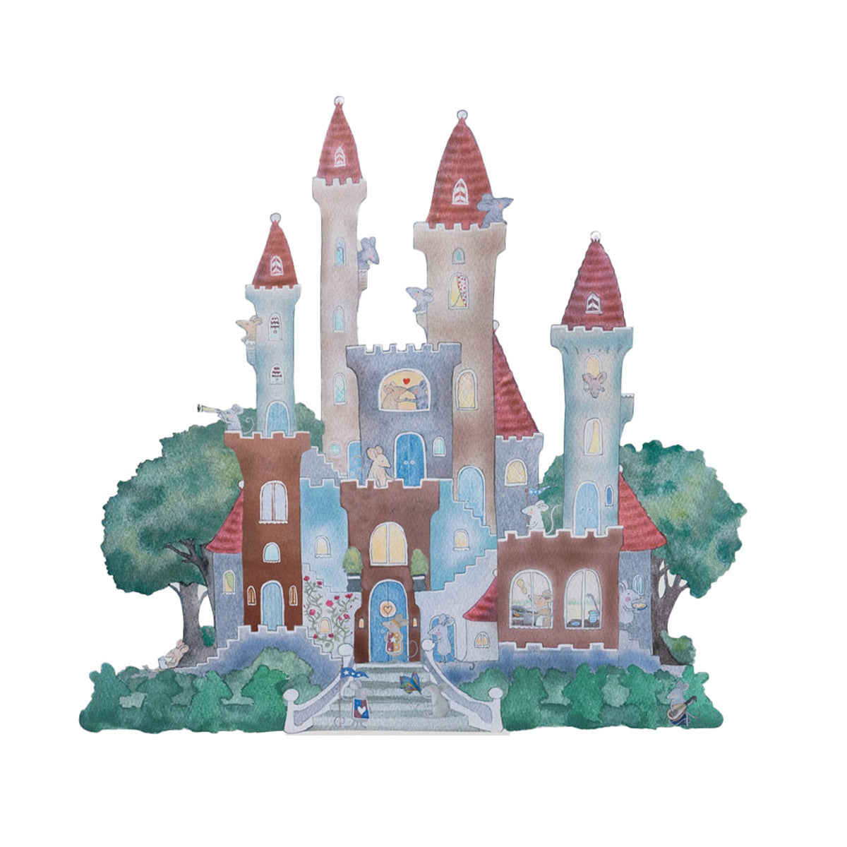 Kleines Mäuseschloss Wandtattoo von Hartendief – Aquarellschloss mit Mäusen und roten Turmdächern