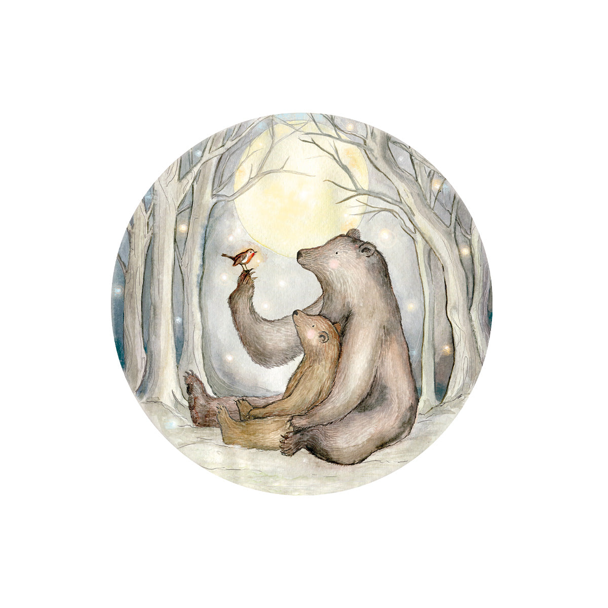 Beren en Roodborstje mini behangcirkel van Hartendief – aquarel met Klein Beertje, Grote Beer en Roodborstje, zelfklevend vliesbehang Ø 95 cm