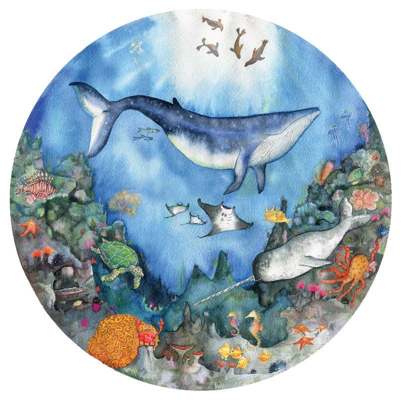 Diepzee Droom behangcirkel van Hartendief – walvis, narwal en manta in de blauwe oceaan, kinderkamer behang Ø 190 cm