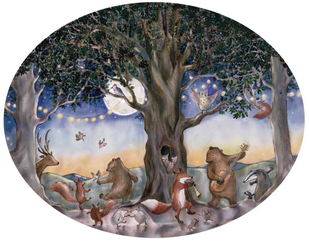 Dierenfeest behangcirkel van Hartendief – vos op de toeter en beer op de gitaar tijdens het bosfeest, 190 x 150 cm