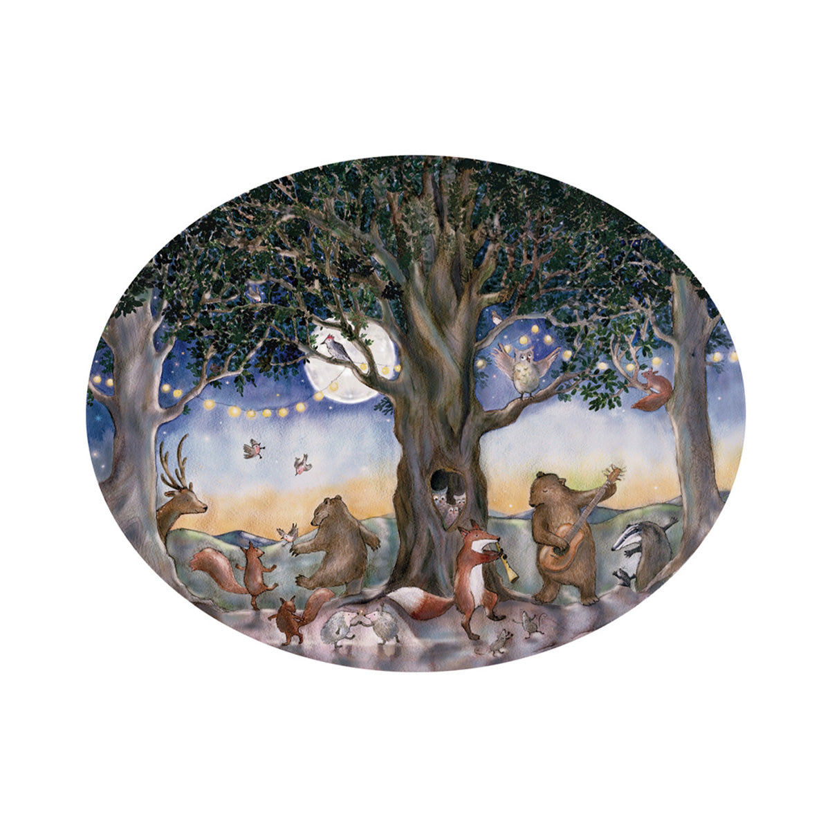 Dierenfeest S behangcirkel van Hartendief – bosdieren vieren feest met muziek en dans, 145,5 x 112 cm
