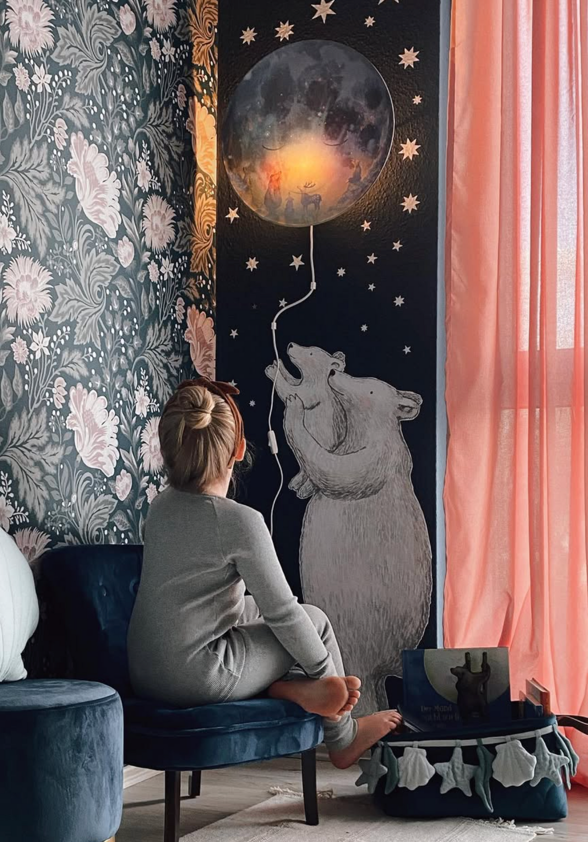 Close-up of the Sleepy Moon wall lamp by Hartendief – hand-painted moon with craters