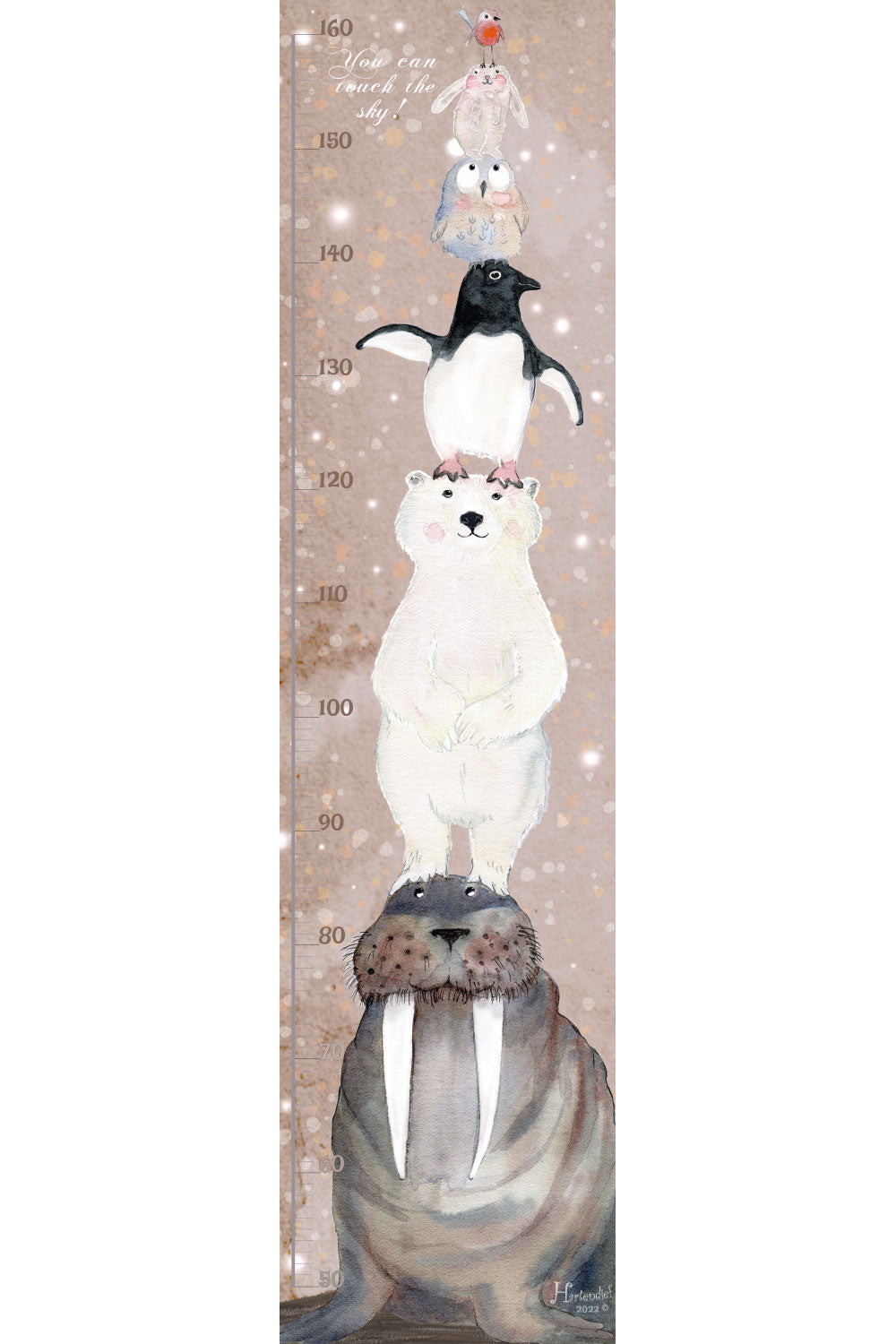 Walrus and Friends growth chart by Hartendief – Walrus with Polar Bear, Penguin, Owl, Rabbit and Robin and the words you can touch the sky