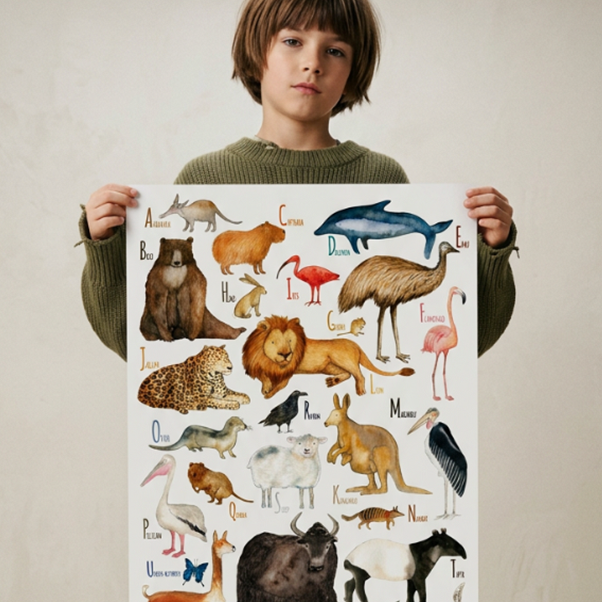 Kind houdt de Dieren ABC (NL) poster van Hartendief vast – aquarel dierenposter voor de kinderkamer