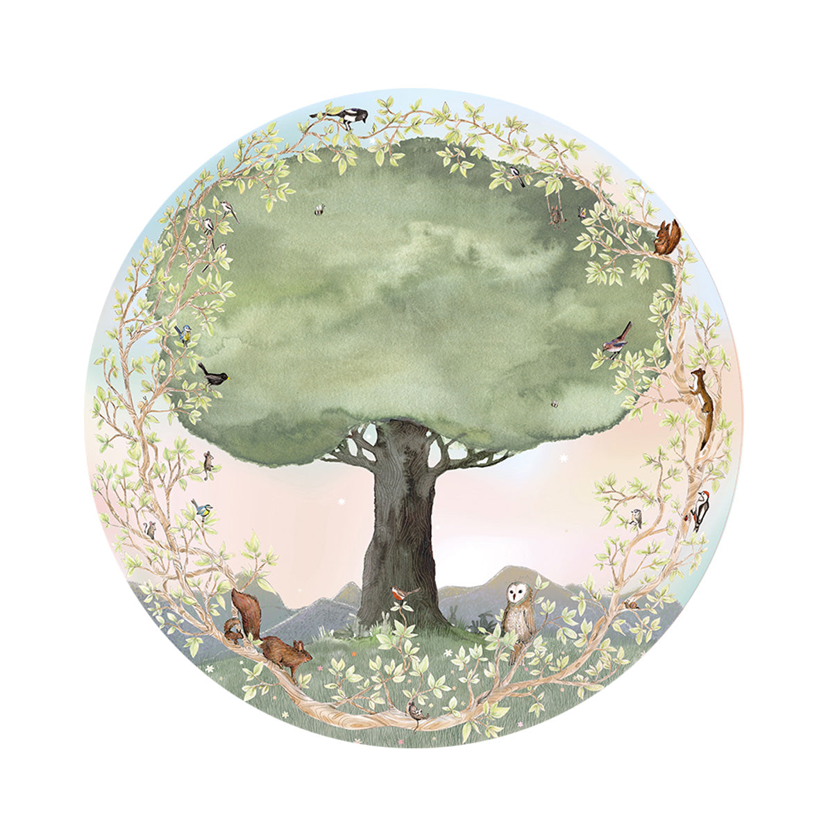Lenteboom behangcirkel S van Hartendief – aquarel bosdieren rond een statige lenteboom, kinderkamer behang Ø 142,5 cm