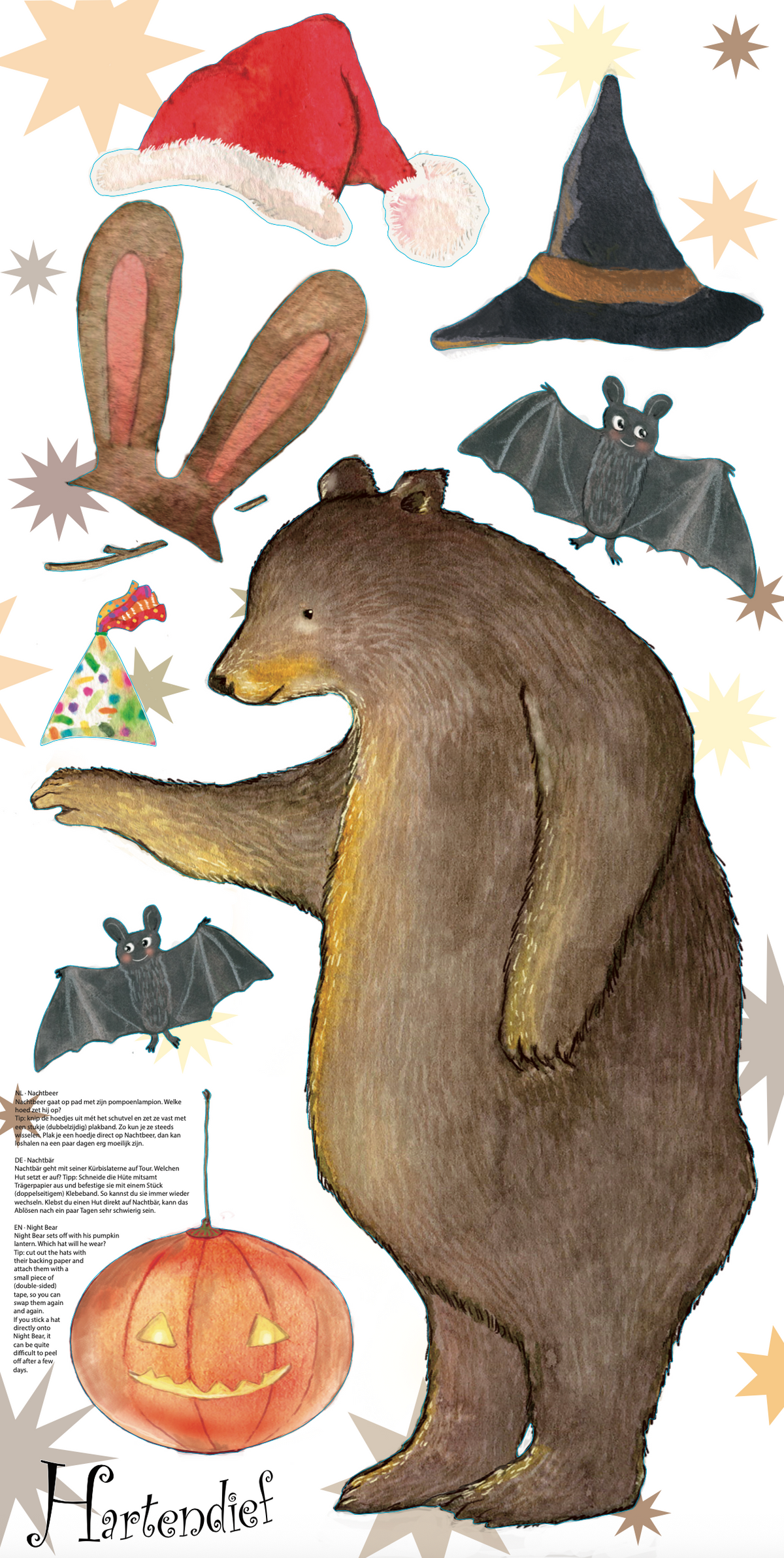 Night Bear wall decal sticker sheet 48 × 96 cm: bear, pumpkin lantern, two bats, stars and four hats – Santa hat, witch's hat, Easter bunny ears and party hat