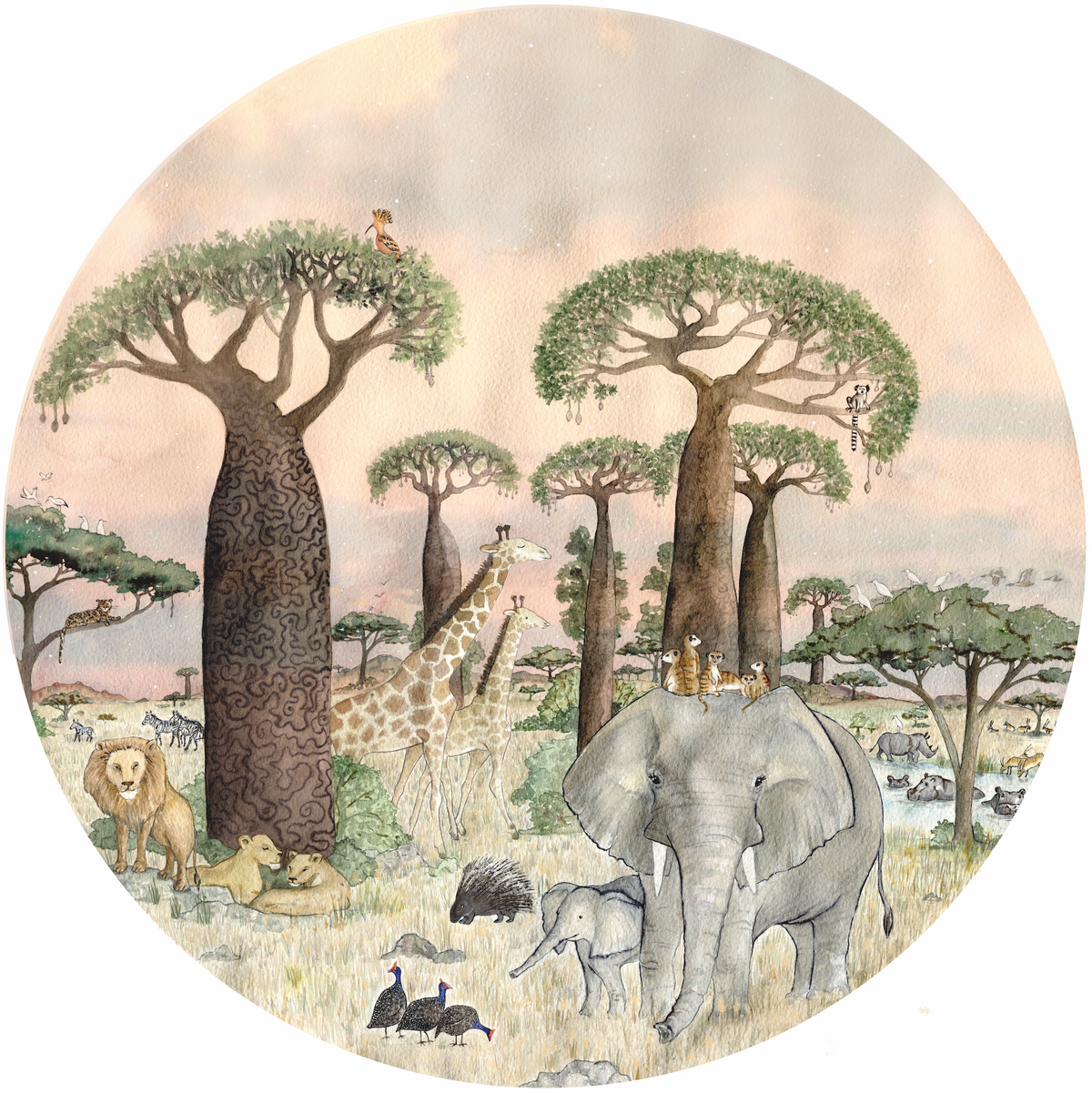 Savanne L behangcirkel van Hartendief – aquarel Afrikaanse dieren met olifant, luipaard, nijlpaarden en ringstaartmaki, PVC-vrij vliesbehang Ø 190 cm