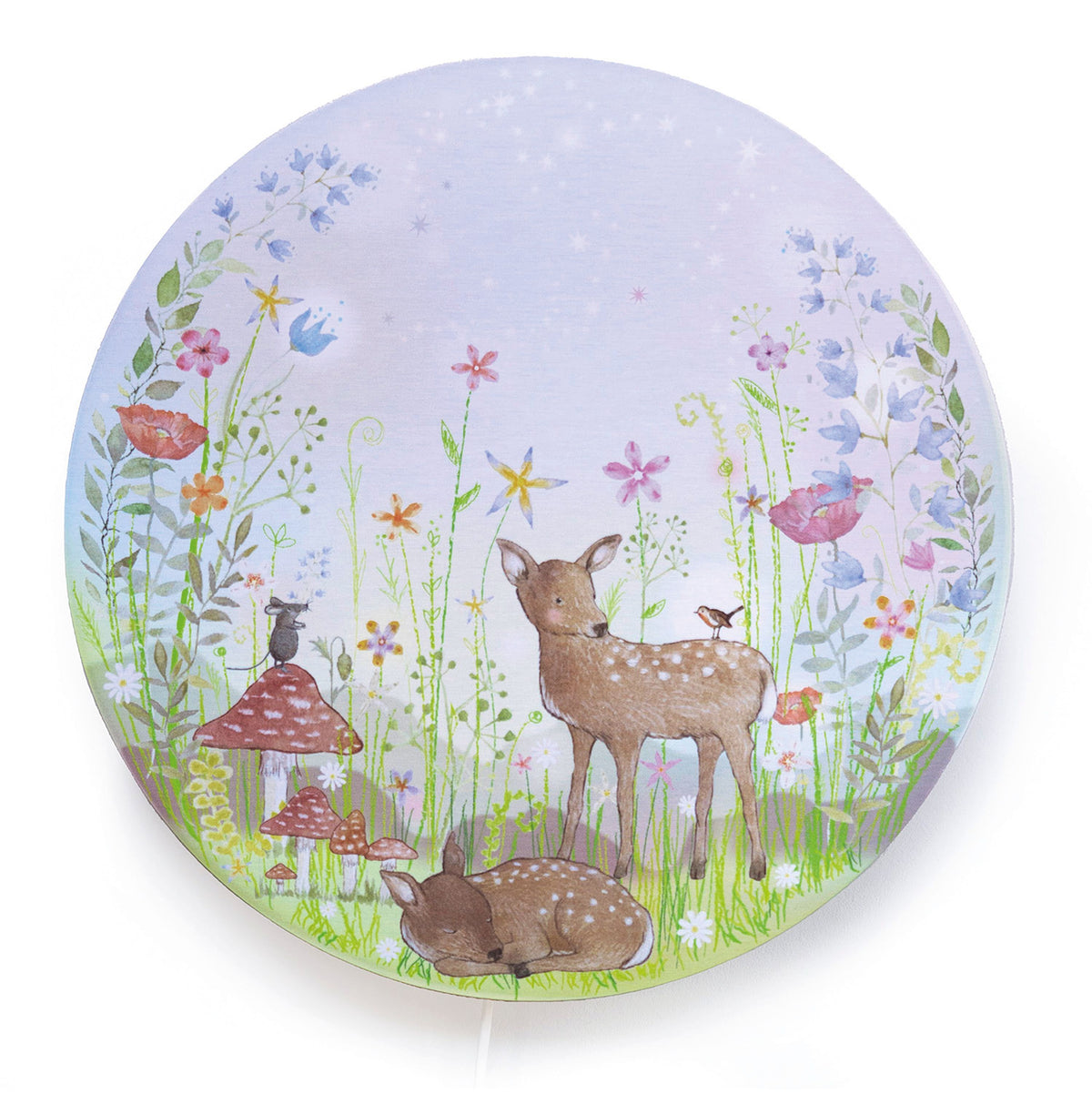 Sprookjestuin wandlamp van Hartendief overdag – ronde wandlamp met hertje en muisje in de bloementuin, Ø 45 cm