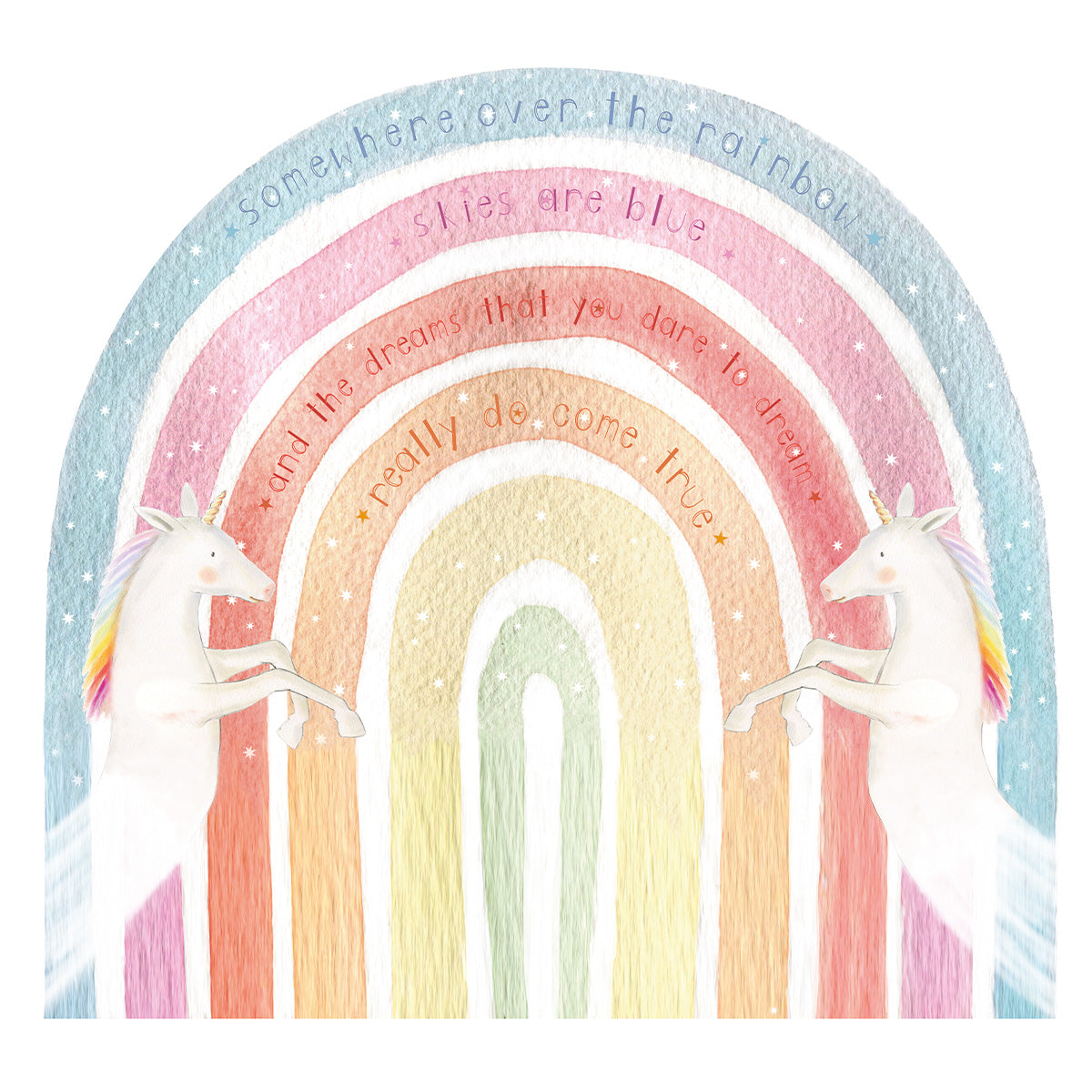 Suikerzoete Eenhoorns behang van Hartendief – aquarel eenhoorns dansend onder de regenboog, PVC-vrij vliesbehang 190 x 190 cm