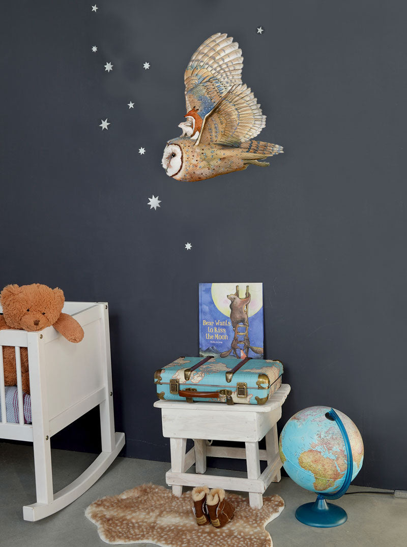 Owl wall decal by Hartendief in a dark, atmospheric nursery