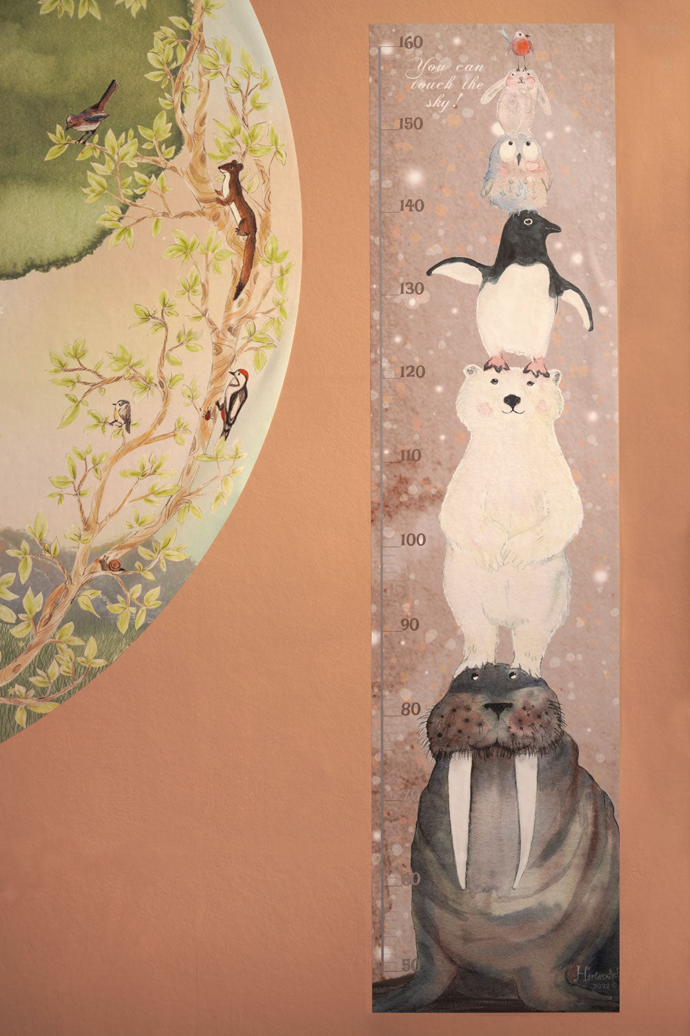 Walrus and Friends growth chart by Hartendief on a soft pink nursery wall