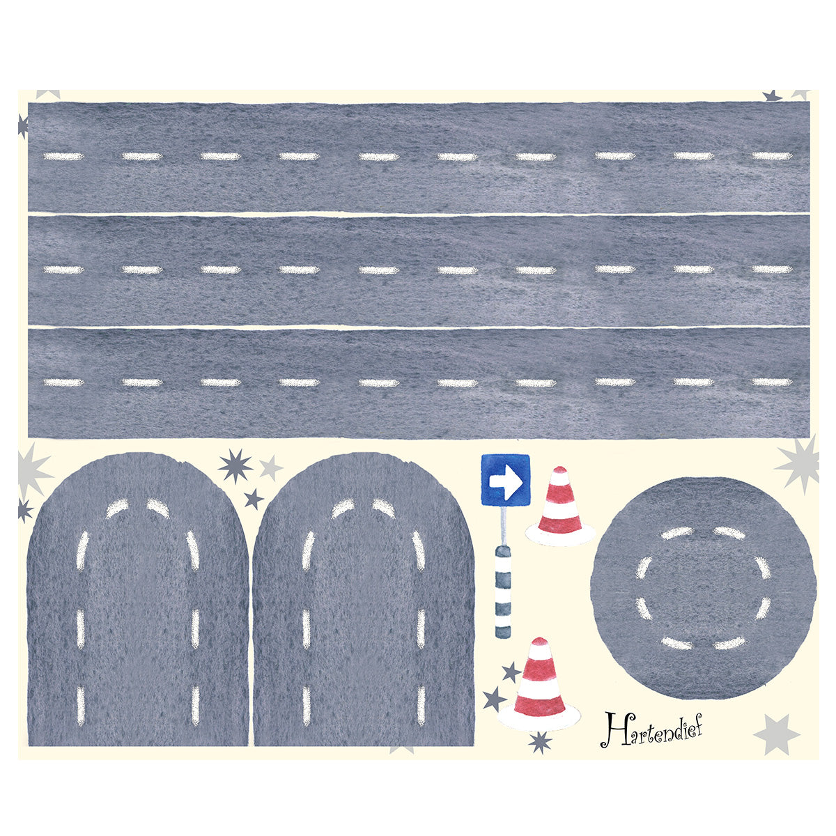 Road's the Limit wall decal sheet by Hartendief with separate road sections, bends and traffic signs