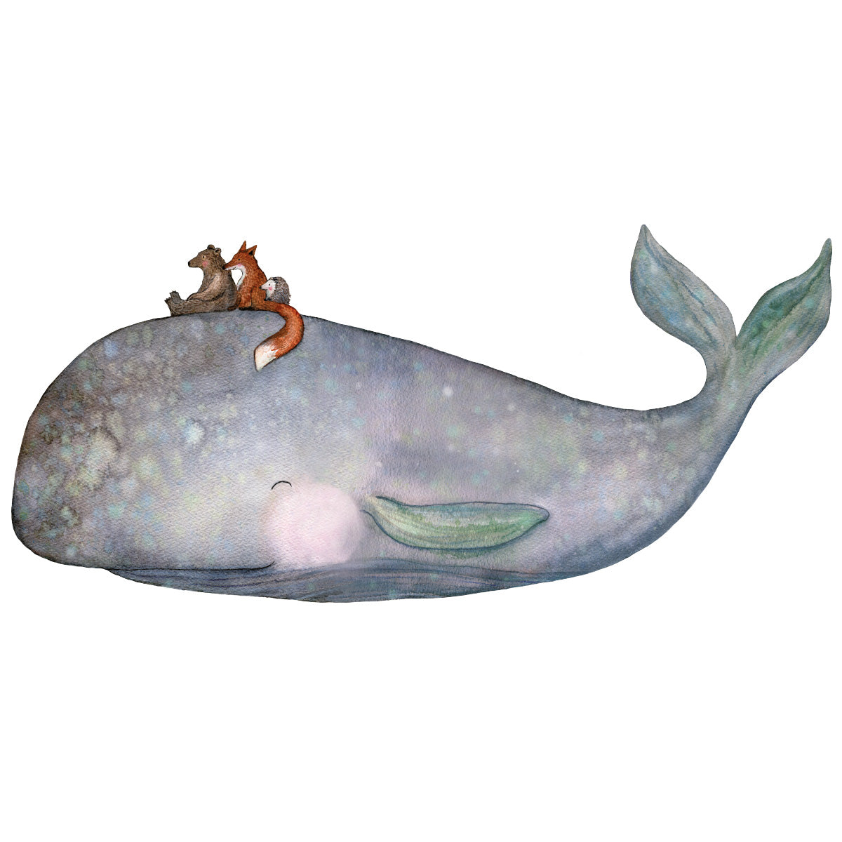 On the Back of the Whale wall decal by Hartendief with Little Bear, Fox and Hedgehog riding a whale