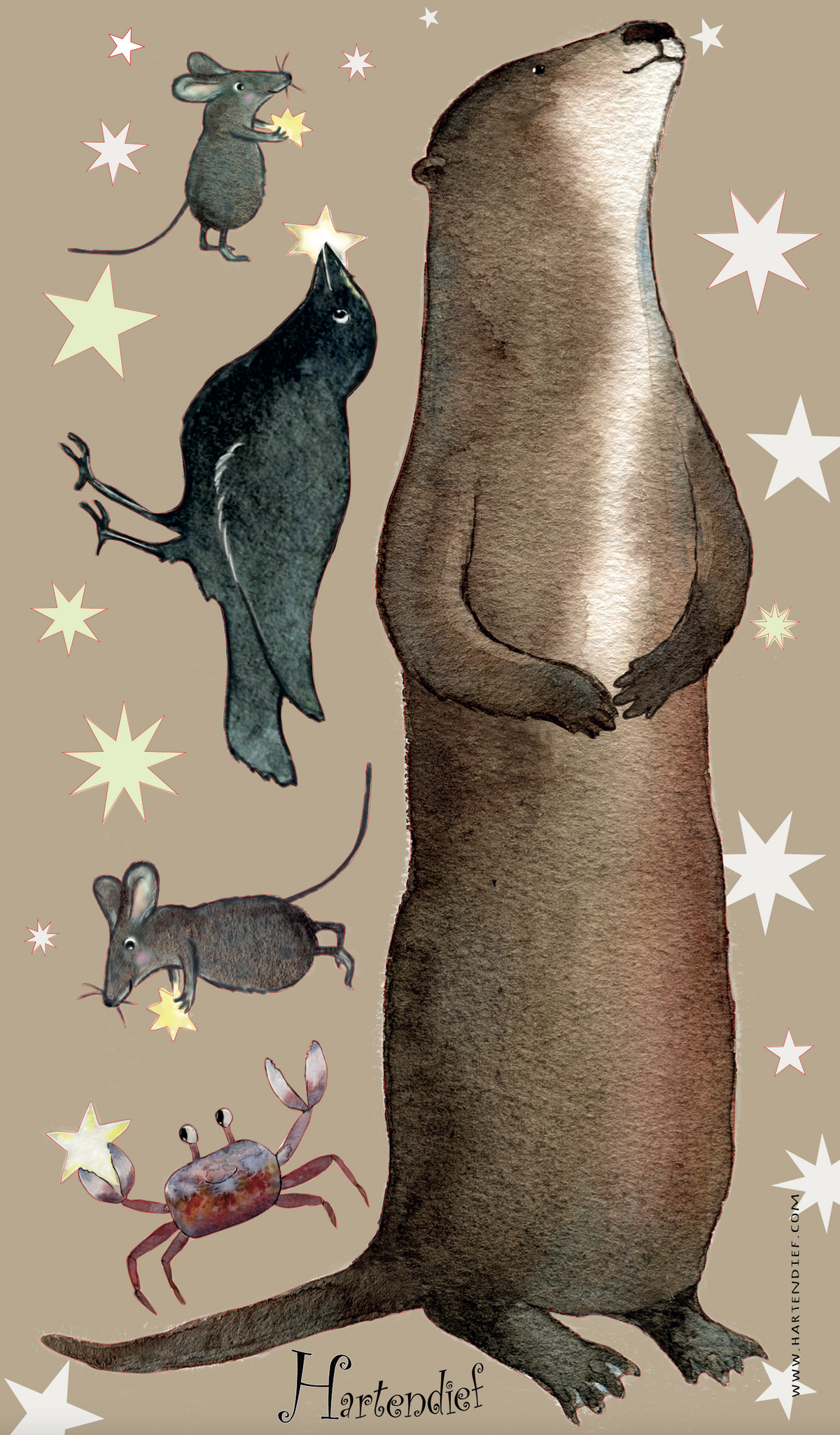 Otter & Freunde Wandtattoo von Hartendief – kompletter Stickerbogen auf karamellbraunem Hintergrund