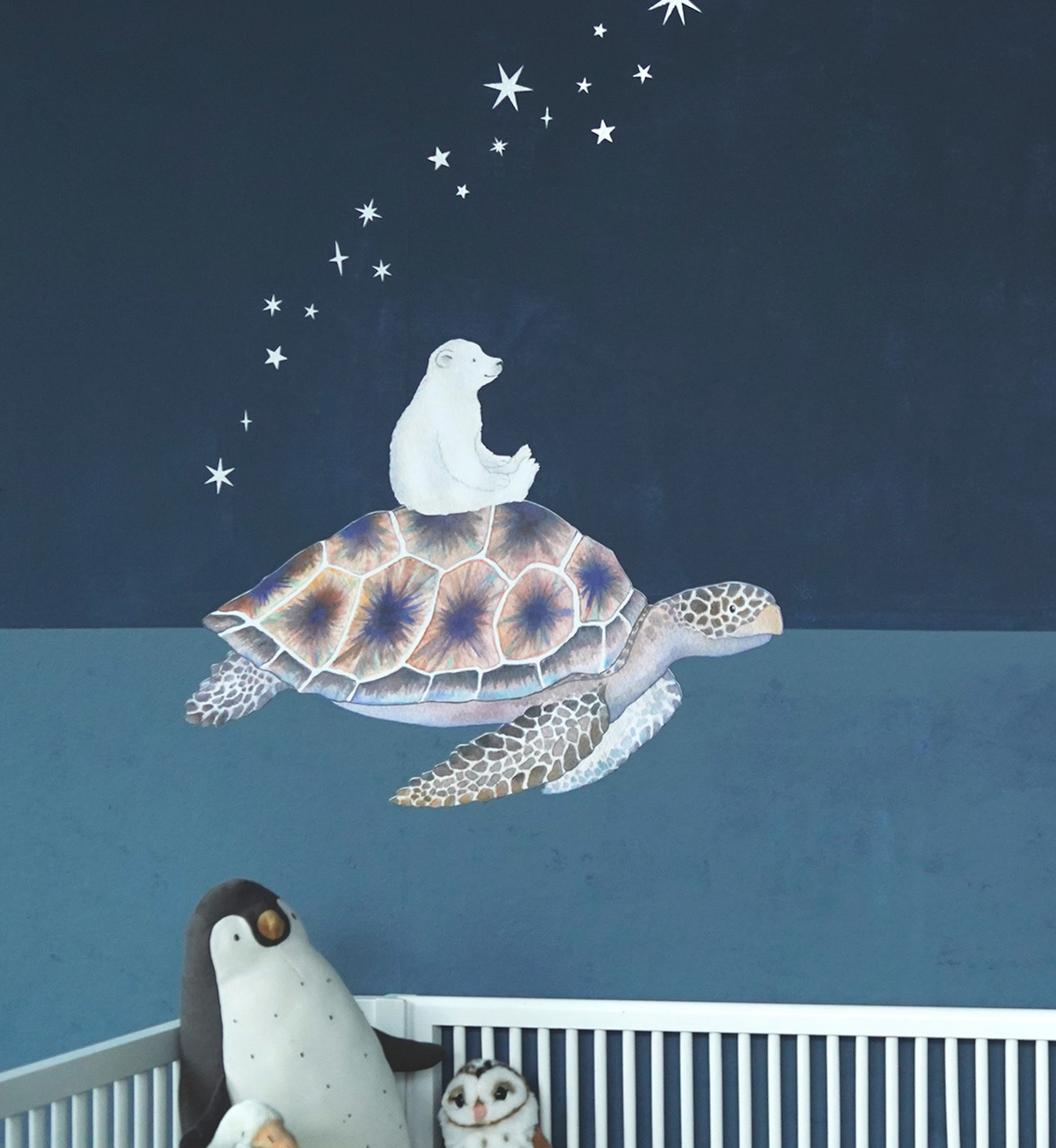 Turtle and Little Polar Bear wall decal by Hartendief on a dark blue nursery wall with silver stars