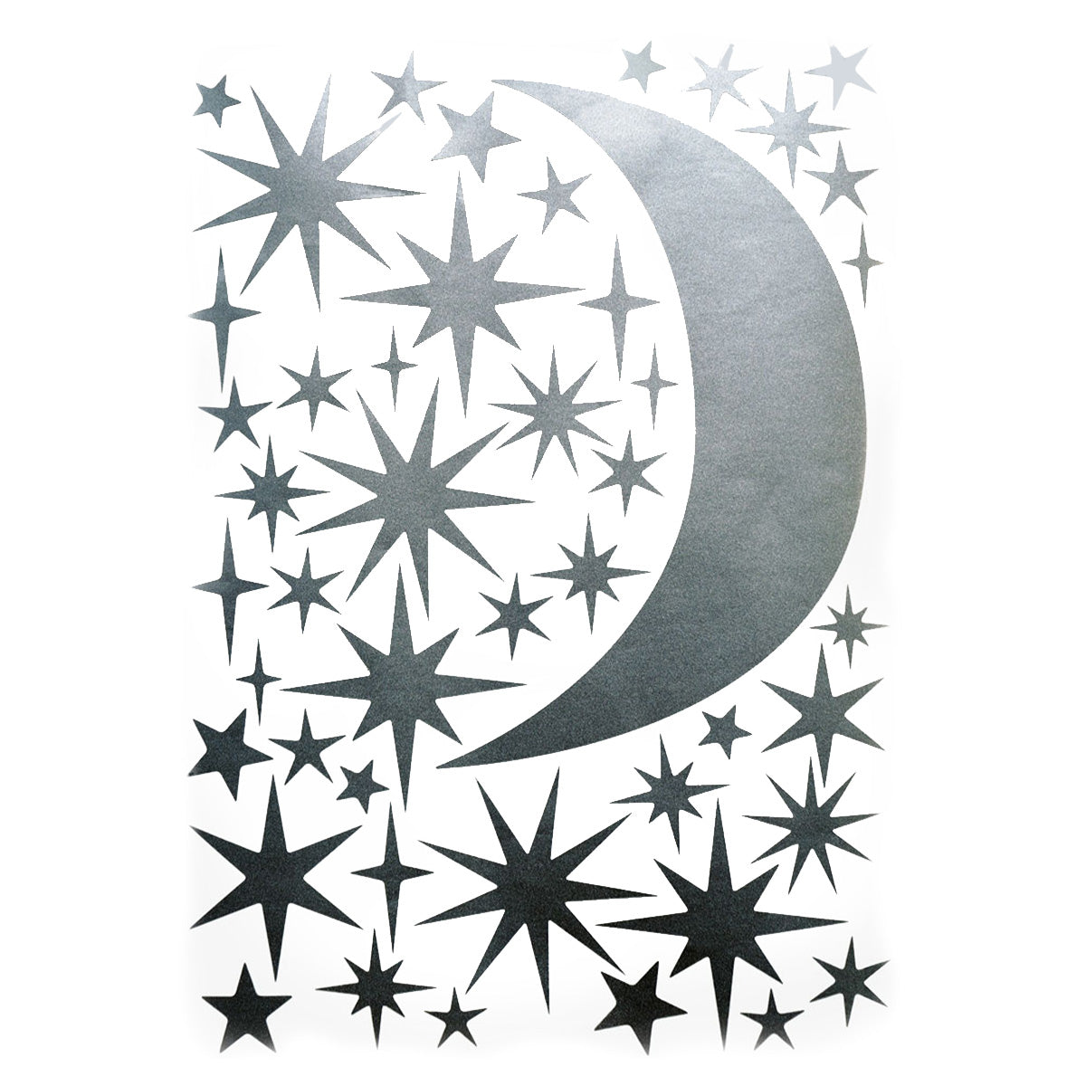 Wallstickers Stars and Moon Silver by Hartendief – 45 silver stars and one moon on an A4 sheet